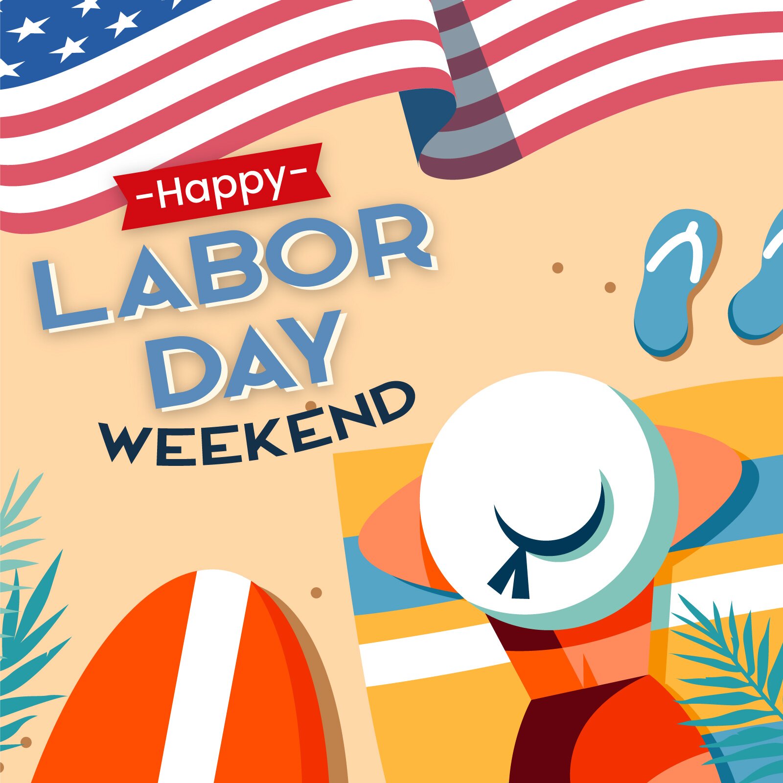 Grafika ukazuje postać kobiety, leżącą w kostiumie kąpielowym, na ręczniku, na plaży. Obok niej ukazany jest fragment deski surfingowej, nad którą znajduje się napis " HAPPY LABOR DAY WEEKEND". Na samej górze grafiki zamiast fal obmywających piasek jest pofałdowana flaga USA.