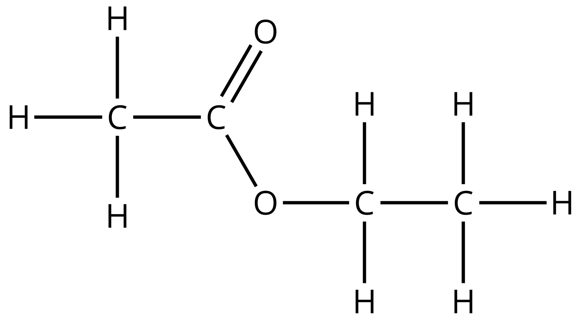 Ilustracja przedstawia wzór strukturalny cząsteczki octanu etylu zbudowanego z atomu węgla C połączonego z trzema atomami wodoru H oraz z atomem węgla, który tworzy wiązanie podwójne z jednym atomem tlenu O oraz wiązanie pojedyncze z drugim atomem tlenu. Atom ten wiąże się z atomem węgla podstawionym dwoma atomami wodoru oraz atomem węgla połączonym z trzema atomami wodoru.