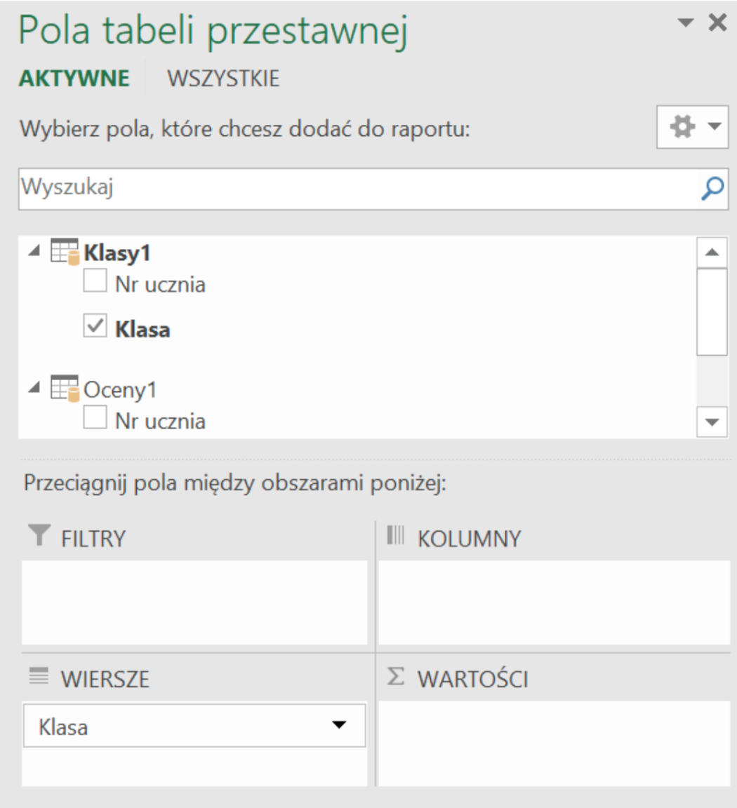 Ilustracja przedstawia okno dialogowe Pola tabeli przestawnej z zaznaczoną opcją Aktywne. Wybierz pola, które chcesz dodać do raportu. Wpisane w okno pole Klasy 1, zaznaczona opcja Klasa. Jest też wpisane w to okno pole Oceny. Poniżej znajduje się polecenie Przeciągnij pola między obszarami poniżej i pola Filtry, Kolumny, Wiersze Klasa, Wartości. Na dole okna znajduje się przycisk Aktualizuj.