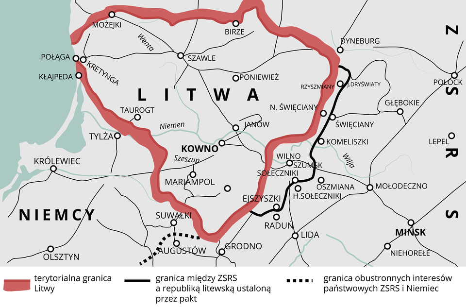 Mapa przedstawia terytorialną granice Litwy, która odgradza Litwę od Niemiec na wschodzie i południowym wschodzie. Granica ta wiedzie od miast leżących na brzegu Morza Bałtyckiego: Kretynga i Połąga, przez Kłajpedę do Taurogt, następnie w dół prawie do Suwałk i dalej w stronę Augustowa, po czym pnie się ku północy, wyznaczając granicę z ZSRS. Granica nie zwiera w sobie Wilna, ciągnie się dalej ku górze i zamyka ponownie na brzegu Morza Bałtyckiego. Terytorialna granicy Litwy przechodzi więc przez Możejki, Birze, Dyneburg, Rzyszmany, N. Święciany, Grodno, Suwałki, Tylża, Połąga. Druga linia, wskazuje jak zmieniły się granice Litwy dzięki paktowi. Granica między ZSRS a republiką litewską ustaloną przez pakt zaczyna się prawie od Dyneburga przez J. Dryświaty, Święciany, Komeliszki, Słoneczniki i kończy się za Ejszyszką. Granica obustronnych interesów państwowych ZSRS i Niemiec znajduje się miedzy Suwałkami a Augustowem.