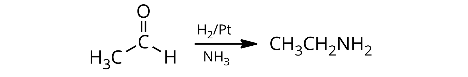 Ilustracja przedstawiająca równanie reakcji chemicznej. Cząsteczka aldehydu zbudowanego z atomu węgla połączonego za pomocą wiązania podwójnego z atomem tlenu oraz za pomocą wiązań pojedynczych z atomem wodoru oraz z grupą metylową CH3. Strzałka w prawo, nad strzałką wodór H2 na platynie Pt oraz amoniak NH3. Za strzałką cząsteczka etyloaminy zbudowana z  podstawnika metylowego połączonego z grupą CH2 związaną z grupą aminową NH2.