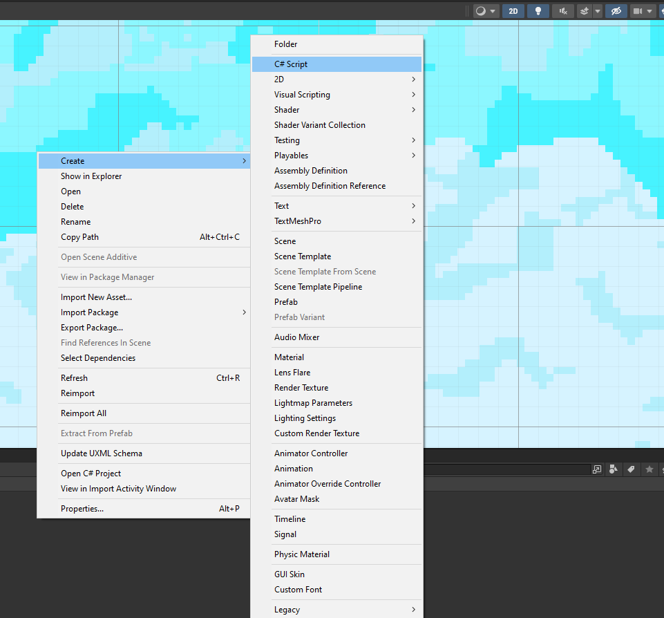Ilustracja przedstawia panel programu  Unity Hub  z projektem gry platformowej. W tle widoczne jest niebieskie niebo. Na tle planszy rozwinięta jest lista menu z opcjami wyboru. Spośród nich wybrana jest opcja  Create  ze strzałką w prawo, a obok druga lista menu z opcjami wyboru i zaznaczoną opcją  C# Script .  