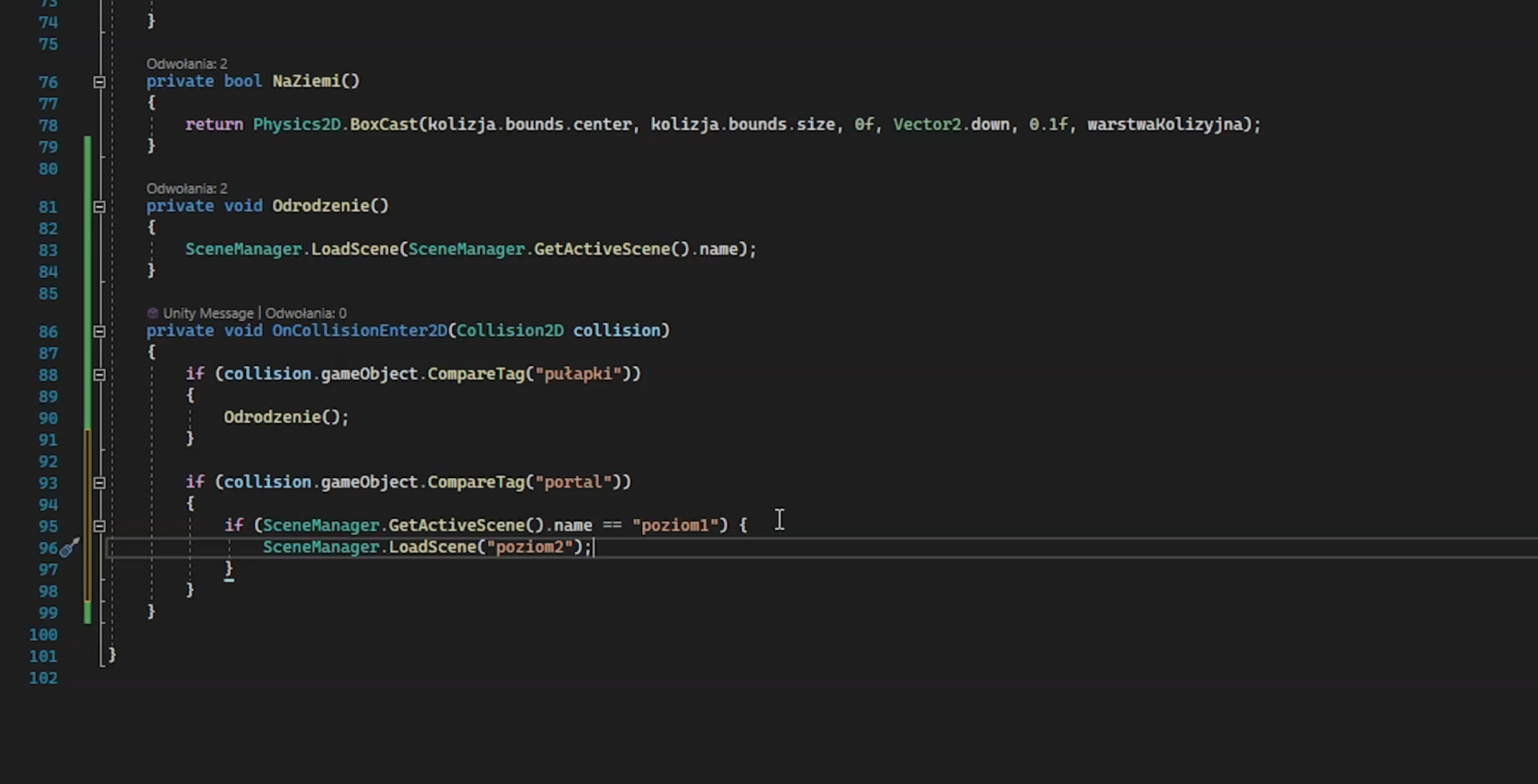 Na ilustracji widoczny jest fragment kodu źródłowego od siedemdziesiąt cztery do sto dwa. Przedstawiony fragment kodu dotyczy przejścia gracza do następnego poziomy gry.