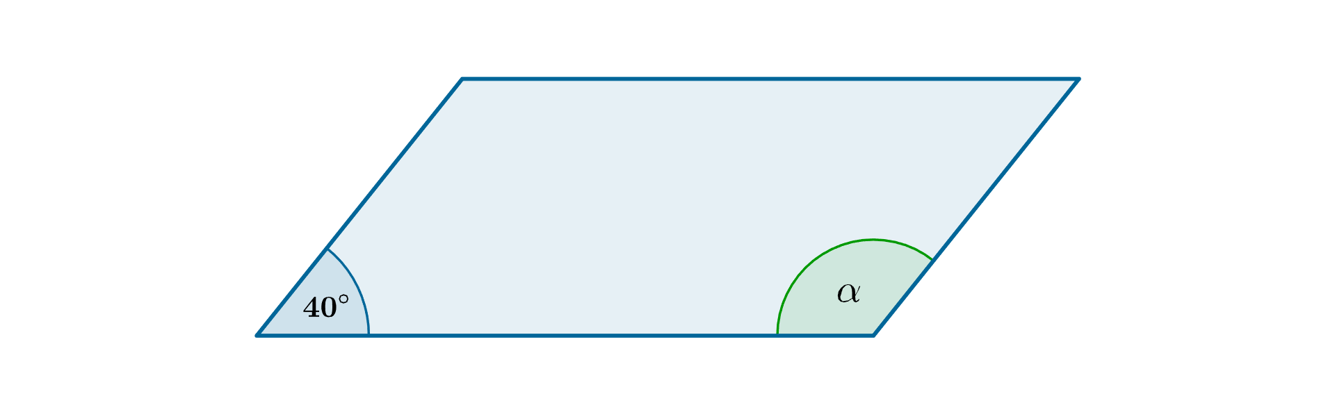 Rysunek równoległoboku z zaznaczonymi kątami przy podstawie dolnej: 40 stopni i alfa.