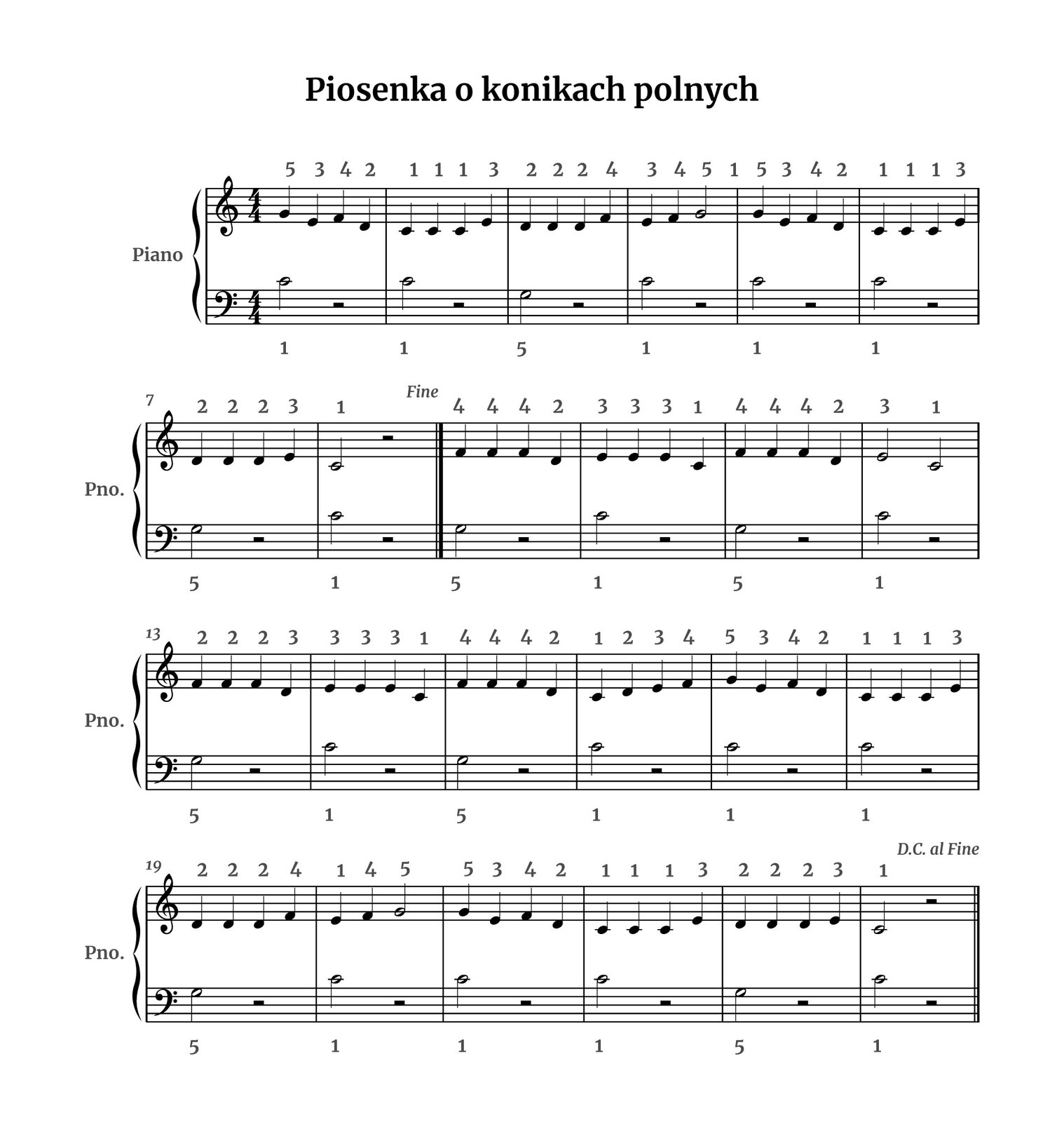 Grafika przedstawia partyturę utworu „Piosenka o konikach polnych” z akompaniamentem w metrum cztery czwarte w kluczu wiolinowym oraz basowym. Wszystkie dźwięki znajdują się w obrębie oktawy razkreślnej oraz małej. Jest też zapisane palcowanie. W pierwszym takcie w linii wiolinowej znajdują się same ćwierćnuty. Na pierwszą miarę grane jest małym palcem g, następnie palcem środkowym e, na trzecią miarę f palcem serdecznym oraz na czwartą miarę d palcem wskazującym. W kluczu basowym za pomocą kciuka grana jest półnuta c, po której następuje pauza półnutowa. W drugim takcie w linii wiolinowej pierwsze trzy dźwięki to ćwierćnuty c, wykonywane kciukiem. Na czwartą miarę grana jest za pomocą palca środkowego ćwierćnuta e. W kluczu basowym za pomocą kciuka grana jest półnuta c, po której następuje pauza półnutowa. W trzecim takcie w kluczu wiolinowym pierwsze trzy dźwięki to ćwierćnuty d, wykonywane palcem wskazującym. Na czwartą miarę grana jest za pomocą palca serdecznego ćwierćnuta f. W kluczu basowym za pomocą małego palca grana jest półnuta g, po której następuje pauza półnutowa. W takcie czwartym w kluczu wiolinowym grane są dwie ćwierćnuty: e za pomocą palca środkowego i f za pomocą palca serdecznego, a następnie na trzecią miarę wykonywana jest półnuta g za pomocą małego palca. W kluczu basowym za pomocą kciuka grana jest półnuta c, po której następuje pauza półnutowa. W piątym takcie w linii wiolinowej na pierwszą miarę grana jest małym palcem ćwierćnuta g, następnie palcem środkowym ćwierćnuta e, na trzecią miarę ćwierćnuta f palcem serdecznym oraz na czwartą miarę ćwierćnuta d palcem wskazującym. W kluczu basowym za pomocą kciuka grana jest półnuta c, po której następuje pauza półnutowa. W szóstym takcie w linii wiolinowej pierwsze trzy dźwięki to ćwierćnuty c, wykonywane kciukiem. Na czwartą miarę grana jest za pomocą palca środkowego ćwierćnuta e. W kluczu basowym za pomocą kciuka grana jest półnuta c, po której następuje pauza półnutowa. W siódmym takcie w kluczu wiolinowym pierwsze trzy dźwięki to ćwierćnuty d, wykonywane palcem wskazującym. Na czwartą miarę grana jest za pomocą palca środkowego ćwierćnuta e. W kluczu basowym za pomocą małego palca grana jest półnuta g, po której następuje pauza półnutowa. W takcie ósmym w kluczu wiolinowym grana jest za pomocą kciuka półnuta c, po której następuje pauza półnutowa. W kluczu basowym za pomocą kciuka grana jest półnuta c, po której następuje pauza półnutowa. Pod koniec taktu występuje też oznaczenie fine, oznaczające zakończenie utworu po powtórzeniu da capo. Takt dziewiąty w kluczu wiolinowym rozpoczyna się od trzech ćwierćnut f, granych za pomocą palca serdecznego. Na czwartą miarę grana jest za pomocą palca wskazującego ćwierćnuta d. W kluczu basowym za pomocą małego palca grana jest półnuta g, po której następuje pauza półnutowa. W takcie dziesiątym palec środkowy na trzy pierwsze miary wykonuje ćwierćnuty e, a na miarę czwartą grana jest ćwierćnuta c za pomocą kciuka. W kluczu basowym za pomocą kciuka grana jest półnuta c, po której następuje pauza półnutowa. Takt jedenasty w kluczu wiolinowym rozpoczyna się od trzech ćwierćnut f, granych za pomocą palca serdecznego. Na czwartą miarę grana jest za pomocą palca wskazującego ćwierćnuta d. W kluczu basowym za pomocą małego palca grana jest półnuta g, po której następuje pauza półnutowa. W takcie dwunastym w kluczu wiolinowym znajdują się dwie półnuty: na miarę pierwszą e, grana za pomocą palca środkowego, na trzecią miarę c, wykonywana za pomocą kciuka. W kluczu basowym za pomocą kciuka grana jest półnuta c, po której następuje pauza półnutowa. Takt trzynasty w kluczu wiolinowym rozpoczyna się od trzech ćwierćnut f, granych za pomocą palca serdecznego. Na czwartą miarę grana jest za pomocą palca wskazującego ćwierćnuta d. W kluczu basowym za pomocą małego palca grana jest półnuta g, po której następuje pauza półnutowa. W takcie czternastym palec środkowy na trzy pierwsze miary wykonuje ćwierćnuty e, a na miarę czwartą grana jest ćwierćnuta c za pomocą kciuka. W kluczu basowym za pomocą kciuka grana jest półnuta c, po której następuje pauza półnutowa. Takt piętnasty w kluczu wiolinowym rozpoczyna się od trzech ćwierćnut f, granych za pomocą palca serdecznego. Na czwartą miarę grana jest za pomocą palca wskazującego ćwierćnuta d. W kluczu basowym za pomocą małego palca grana jest półnuta g, po której następuje pauza półnutowa. W takcie szesnastym w kluczu wiolinowym pojawiają się wyłącznie ćwierćnuty: grane kciukiem c, grane palcem wskazującym d, grane palcem środkowym e oraz grane palcem serdecznym f. W kluczu basowym za pomocą kciuka grana jest półnuta c, po której następuje pauza półnutowa. W siedemnastym takcie w linii wiolinowej znajdują się same ćwierćnuty. Na pierwszą miarę grane jest małym palcem g, następnie palcem środkowym e, na trzecią miarę f palcem serdecznym oraz na czwartą miarę d palcem wskazującym. W kluczu basowym za pomocą kciuka grana jest półnuta c, po której następuje pauza półnutowa. W osiemnastym takcie w linii wiolinowej pierwsze trzy dźwięki to ćwierćnuty c, wykonywane kciukiem. Na czwartą miarę grana jest za pomocą palca środkowego ćwierćnuta e. W kluczu basowym za pomocą kciuka grana jest półnuta c, po której następuje pauza półnutowa. W dziewiętnastym takcie w kluczu wiolinowym pierwsze trzy dźwięki to ćwierćnuty d, wykonywane palcem wskazującym. Na czwartą miarę grana jest za pomocą palca serdecznego ćwierćnuta f. W kluczu basowym za pomocą małego palca grana jest półnuta g, po której następuje pauza półnutowa. W takcie dwudziestym w kluczu wiolinowym grane są dwie ćwierćnuty: e za pomocą palca środkowego i f za pomocą palca serdecznego, a następnie na trzecią miarę wykonywana jest półnuta g za pomocą małego palca. W kluczu basowym za pomocą kciuka grana jest półnuta c, po której następuje pauza półnutowa. W dwudziestym pierwszym takcie w linii wiolinowej na pierwszą miarę grana jest małym palcem ćwierćnuta g, następnie palcem środkowym ćwierćnuta e, na trzecią miarę ćwierćnuta f palcem serdecznym oraz na czwartą miarę ćwierćnuta d palcem wskazującym. W kluczu basowym za pomocą kciuka grana jest półnuta c, po której następuje pauza półnutowa. W dwudziestym drugim takcie w linii wiolinowej pierwsze trzy dźwięki to ćwierćnuty c, wykonywane kciukiem. Na czwartą miarę grana jest za pomocą palca środkowego ćwierćnuta e. W kluczu basowym za pomocą kciuka grana jest półnuta c, po której następuje pauza półnutowa. W dwudziestym trzecim takcie w kluczu wiolinowym pierwsze trzy dźwięki to ćwierćnuty d, wykonywane palcem wskazującym. Na czwartą miarę grana jest za pomocą palca środkowego ćwierćnuta e. W kluczu basowym za pomocą małego palca grana jest półnuta g, po której następuje pauza półnutowa. W takcie dwudziestym czwartym w kluczu wiolinowym grana jest za pomocą kciuka półnuta c, po której następuje pauza półnutowa. W kluczu basowym za pomocą kciuka grana jest półnuta c, po której następuje pauza półnutowa. Pod koniec taktu występuje też oznaczenie da capo al fine, oznaczające powtórzenie całego utworu od samego początku do oznaczenia fine. Pod partyturą znajduje się nagranie audio. Utwór „Piosenka o konikach polnych” z akompaniamentem lewej ręki trwa jedną minutę i 19 sekund. Ma on wesoły, nieco sentymentalny charakter. Zagrany jest średnio szybko.