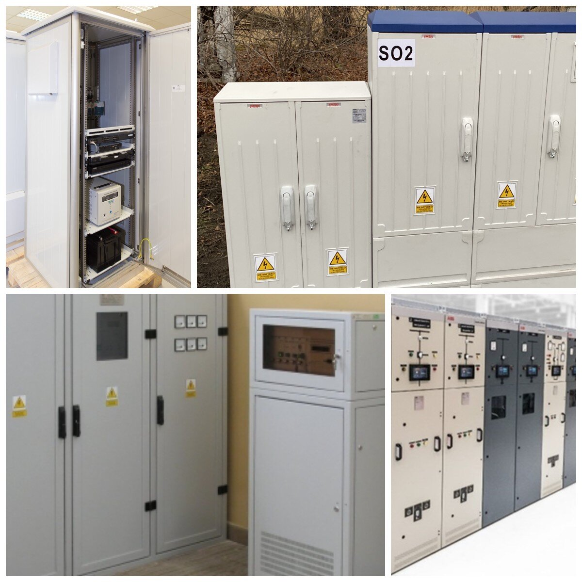 Kolaż przedstawia 4 rodzaje przykładowych szaf zasilania urządzeń. Są to metalowe, wysokie skrzynki, z odpowiednimi oznaczeniami.