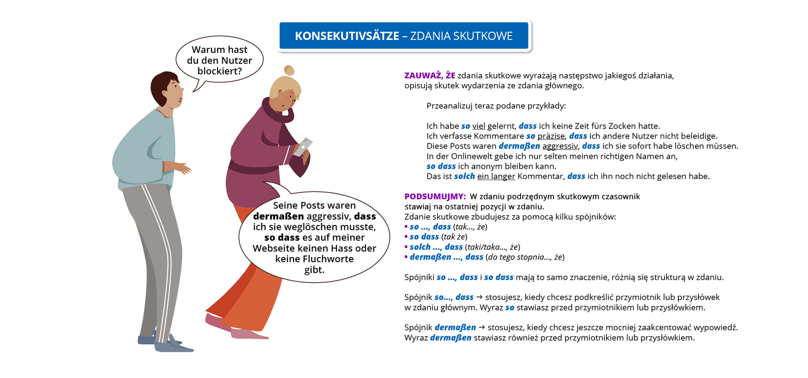 Ilustracja zawiera poradę językową. Grafika przedstawia chłopca i dziewczynę prowadzących dialog. Obok widoczny jest dymek zawierający napis: konsekutivsatz - zdania skutkowe. Pozostałą część ilustracji stanowi tekst, którego treść wyświetla się w trybie dostępności.