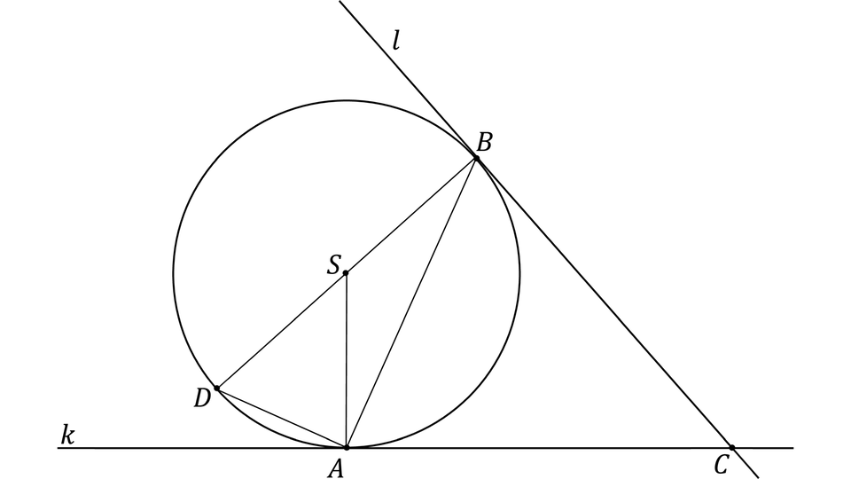  Rysunek przedstawia okrąg o środku S oraz dwie proste, k i l, styczne do okręgu odpowiednio w punktach A i B. Proste te przecinają się w punkcie C. Na okręgu zaznaczono dodatkowy punkt D, w ten sposób, że odcinek BD jest średnicą okręgu. W okręgu narysowano promienie SA, SB i SD.