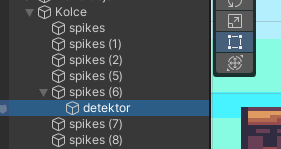 Ilustracja przedstawia boczny pasek programu  Unity Hub  z listą opcji wyboru. Na górze listy znajduje się napis: Kolce.  Opcja ta jest rozwinięta, widoczna jest kolumna pozycji: spikes, spikes (1), spikes (2), spikes (3), spikes (4), spikes (5), spikes (6), spikes (7), spikes (8). Opcja spikes (6) jest rozwinięta, widoczna jest kolumna opcji, pod nią znajduje się napis: detektor.