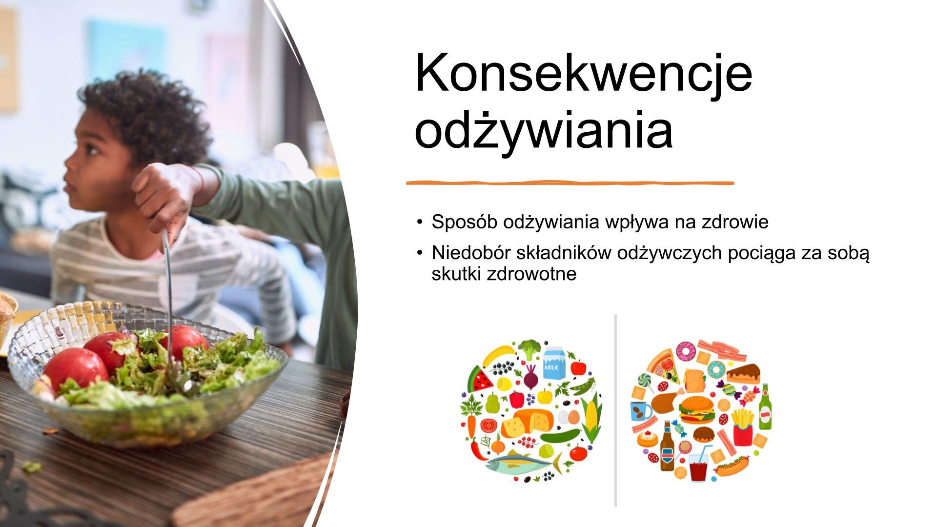 Biały slajd. Z lewej strony zdjęcie czarnego chłopca, który siedzi przy stole. Przed nim stoi duża miska wypełniona sałatą i pomidorami. Osoba siedząca obok niego unosi rękę nad misą i wlewa do niej sos. Z prawej strony slajdu nagłówek: „Konsekwencje odżywiania”, a poniżej tekst: „Sposób odżywiania wpływa na zdrowie. Niedobór składników odżywczych pociąga za sobą skutki zdrowotne”. Pod tekstem dwie okrągłe ilustracje ustawione jedna obok drugiej. Przedstawiają zdrową i niezdrową żywność.