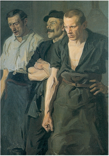 Obraz przedstawia trzech mężczyzn w prostych strojach. Stoją obok siebie. Mężczyzna po lewej ma krótkie, ciemne włosy, mówi coś. Ubrany jest w jasną koszulę i ciemnoniebieski fartuch. Mężczyzna po środku ma skrzyżowane ręce, czarny strój, wąsy oraz czapkę z daszkiem. Mężczyzna po prawej ma krótko przystrzyżone włosy, ciemną szatę z paskiem i odkrytą częściowo klatką piersiową. Prawą dłoń ma zaciśniętą w pięść, lewą opiera o biodro.