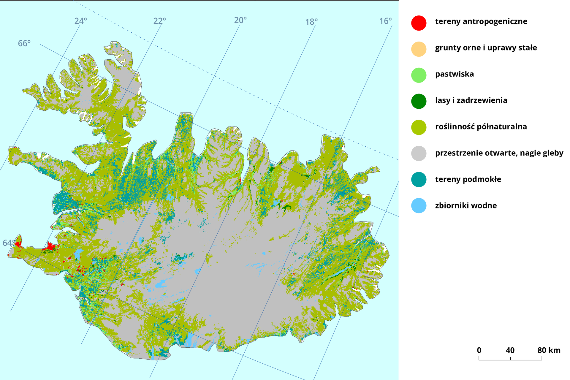 Mapa ukazująca sposób użytkowania terenu Islandii. Poszczególne tereny oznaczono przyporządkowanymi im kolorami. Są to tereny antropogeniczne; grunty orne i uprawy stałe; pastwiska; lasy i zadrzewienia; roślinność półnaturalna; przestrzenie otwarte, nagie gleby; tereny podmokłe; zbiorniki wodne.
Większość terenu wyspy zajmują przestrzenie otwarte i nagie gleby. Innego rodzaju tereny znajdują się na obrzeżach Islandii, gdzie dominuje roślinność półnaturalna. W północno zachodniej części występuje znaczny obszar terenów podmokłych, podobnie jak na pozostałych obszarach leżących na obrzeżach wyspy. Obok terenów podmokłych występują w stosunkowo niewielkiej ilości lasy i zadrzewienia oraz pastwiska. Grunty orne i uprawy stałe stanowią marginalną część powierzchni Islandii. Wokół centralnie zlokalizowanego lodowca znajdują się zbiorniki wodne. Tereny antropogeniczne głównie w zachodniej części wybrzeża wyspy. Zajmują bardzo małą powierzchnię, a w pozostałych częściach stanowią jedynie pojedyncze osady.