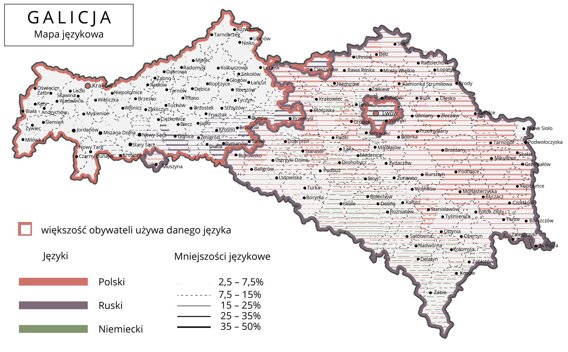Ilustracja przedstawia mapę Galicji z występującymi tam językami. W zachodniej części Galicji większość posługiwała się językiem polskim. We wschodniej części Galicji większość posługiwała się językiem ruskim oprócz terenu Lwowa - tam większość mówiła po polsku.