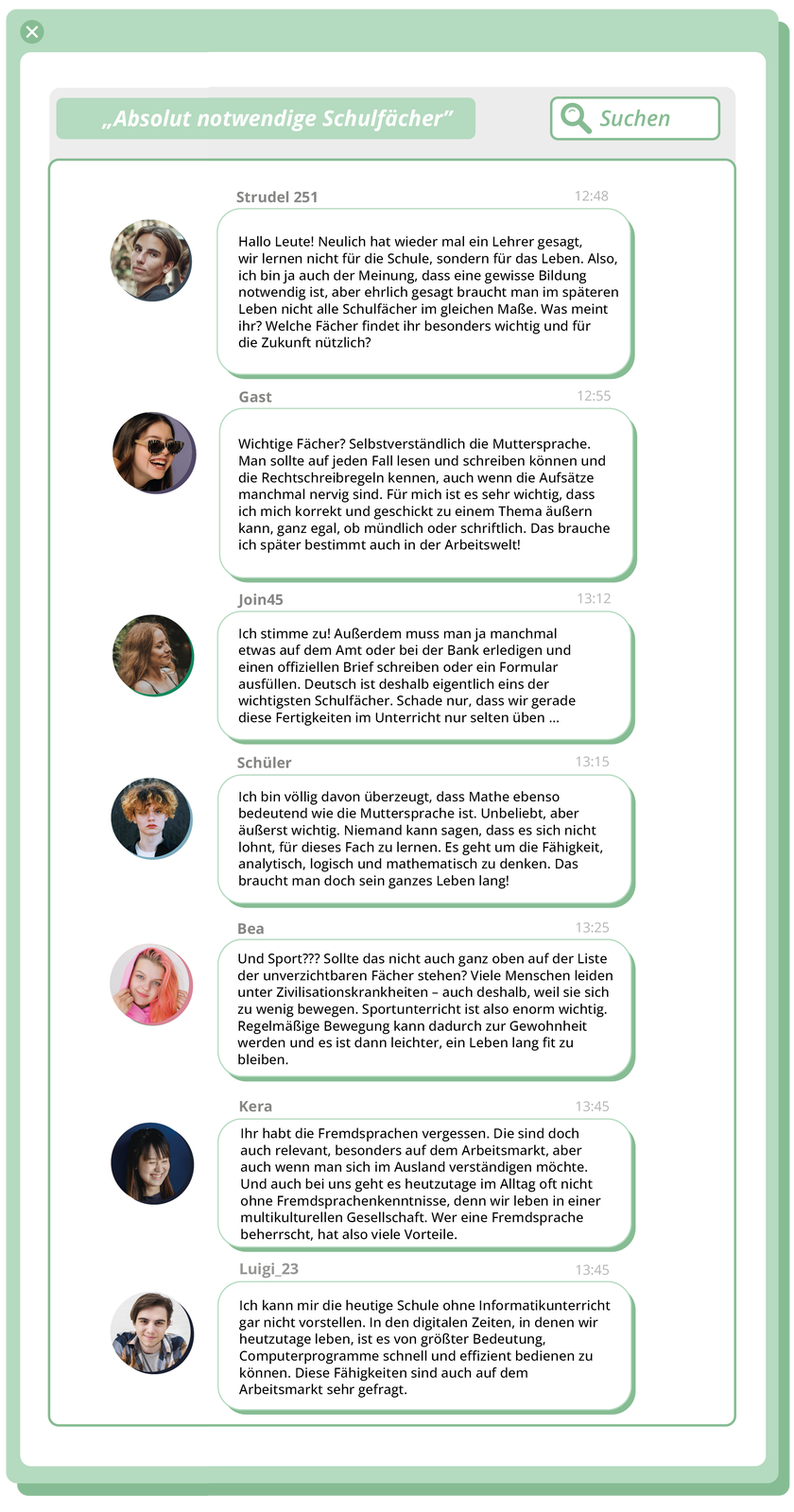 Ilustracja przedstawia wiadomości na portalu internetowym. Widoczne jest siedem wpisów od siedmiu różnych osób. Obok każdej wiadomości widoczne jest zdjęcie profilowe. Transkrypcja dostępna jest poniżej.