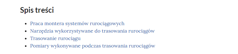 Ilustracja przedstawia spis treści, składający się z czterech punktów: Praca montera systemów rurociągowych, Narzędzia wykorzystywane do trasowania rurociągów, Trasowanie rurociągu, Pomiary wykonywane podczas trasowania rurociągów