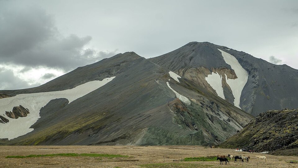 Zdjęcie przedstawia dwa wzniesienia wulkaniczne położone blisko siebie. Ich powierzchnia jest szara. Na zboczach w kilku miejscach leżą płaty śniegu. U podnóża wulkanów pasą się konie.  