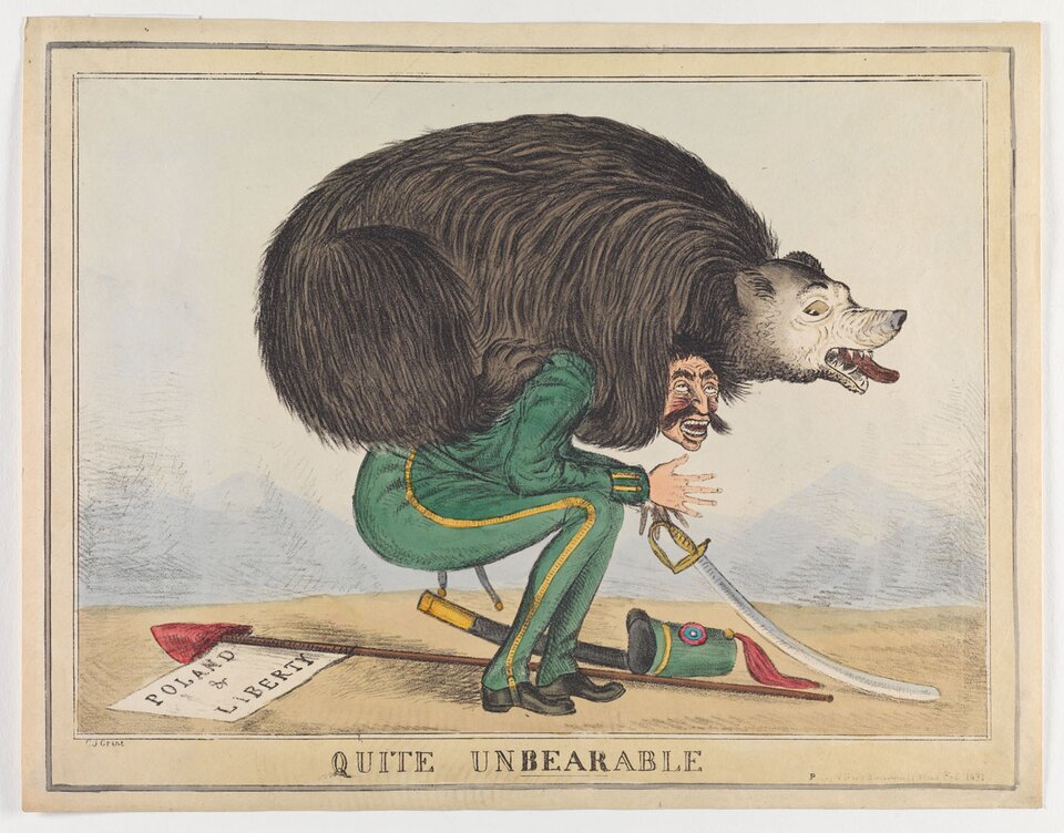 Rysunek przedstawia pochylonego mężczyznę, na którym siedzi niedźwiedź. Mężczyzna ma otwarte usta, jakby krzyczał. Nosi wąsy. W lewej dłoni trzyma opuszczoną szablę. Ubrany jest w zielony mundur. Obok mężczyzny leży wysoka czapka oraz tabliczka z napisem Poland and liberty. Niedźwiedź ma otwarty pysk i wysunięty do przodu język. W dolnej części rysunku widnieje napis Quite unbearable.   