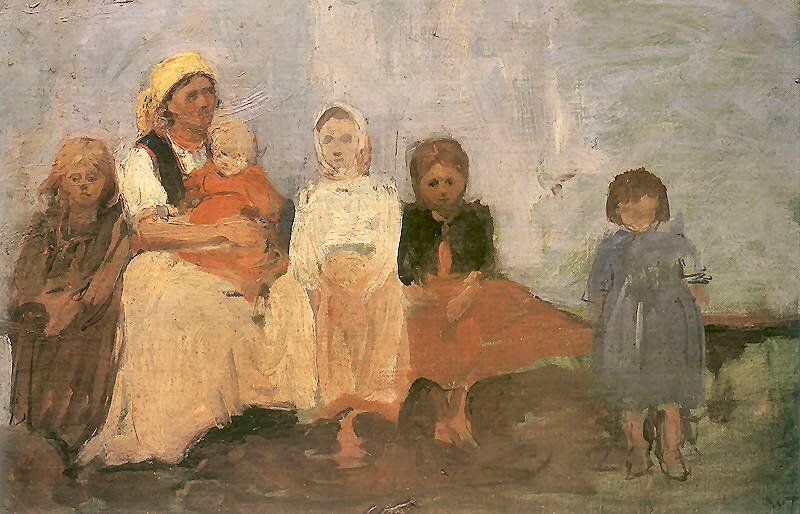 Obraz przedstawia grupę postaci – kobietę i kilkoro dzieci – siedzących lub stojących na tle neutralnej, szarej ściany. Kobieta znajduje się po lewej stronie i trzyma na kolanach małe dziecko ubrane w czerwony strój. Ma na głowie jasnożółtą chustkę i ubrana jest w jasną spódnicę oraz ciemniejszy gorset.

Wokół niej znajdują się dzieci w różnym wieku – część z nich siedzi, część stoi. Ubrane są w proste, codzienne ubrania w stonowanych kolorach, takich jak brąz, szarość, biel i błękit. Twarze niektórych postaci są tylko zarysowane.