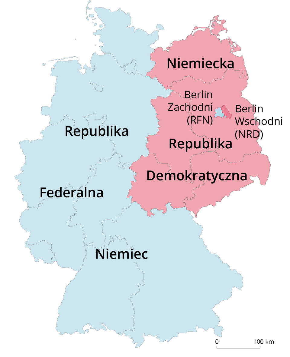 Mapa przedstawia dawne tereny komunistycznych republik niemieckich: RFN oraz NRD. Północnowschodnie landy dzisiejszych Niemiec wchodziły w skład NRD, a południowozachodnie landy w skład RFN. Miasto Berlin położone we wschodnich Niemczech również było podzielone - wschodnia część Berlina była częścią NRD, a zachodnia RFN.