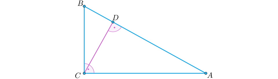 Ilustracja przedstawia trójkąt prostokątny A B C. Kąt przy wierzchołku C jest prosty. Z wierzchołka C upuszczono wysokość na przeciwprostokątną A B.  Na przeciwprostokątnej powstał punkt D.