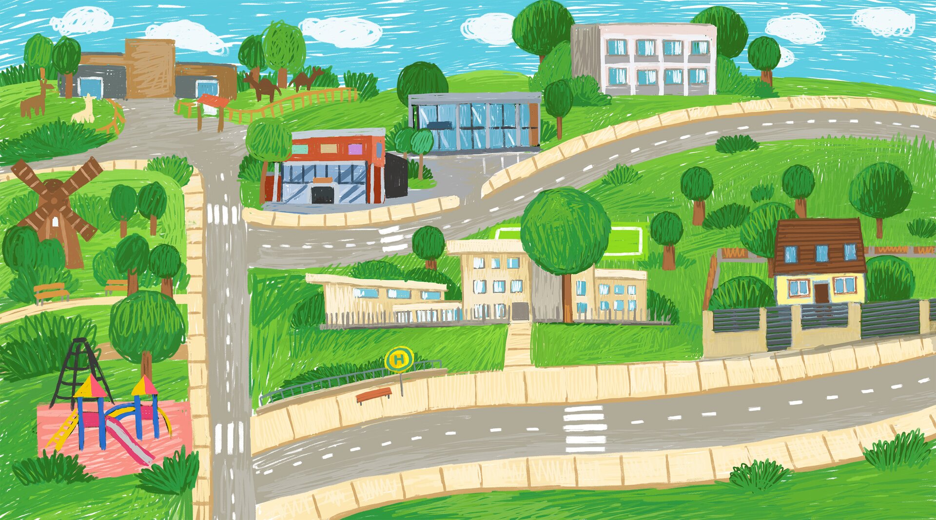 Na ilustracji znajduje się mapa miasteczka z różnymi budynkami i placem zabaw.