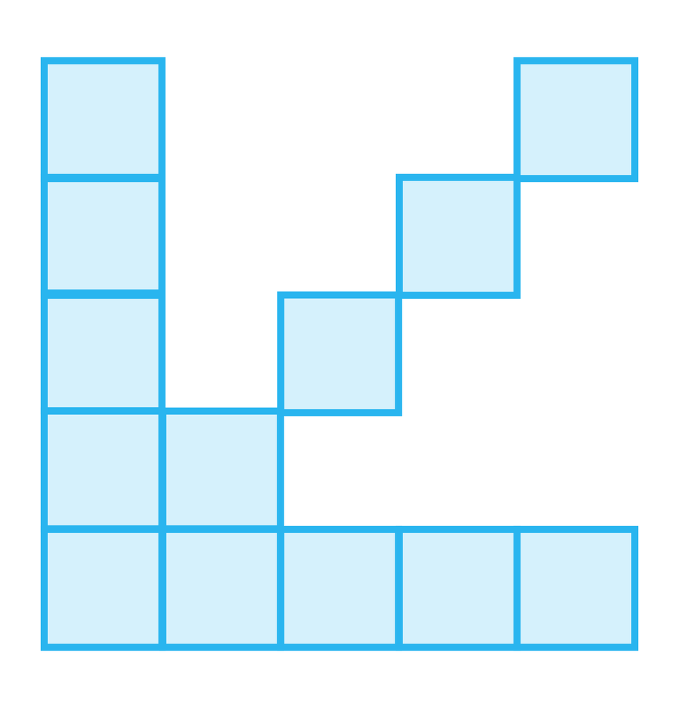 Ilustracja przedstawia figurę składającą się z trzynastu małych kwadratów. Kwadraty te ustawione są następująco: od lewej mamy kolumnę składającą się z pięciu kwadratów. Od ostatniego kwadratu na dole odchodzą w ukośnej linii cztery kolejne kwadraty oraz od tego samego kwadratu położonego najniżej z pierwszej kolumny odchodzą w linii poziomej cztery kolejne kwadraty.