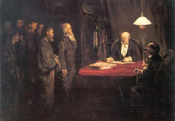 Obraz przedstawia pomieszczenie. W pomieszczeniu jest stół przykryty czerwonym materiałem. Przy stole siedzi dwóch mężczyzn. Na stole leżą dokumenty. Przed stołem stoi grupka ludzi. Są skromnie ubrani. To mężczyźni i kobieta.    