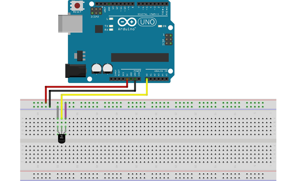 Ilustracja przedstawia połączenia pomiędzy arduino uno, a płytką stykową. Na płytce znajduje się termometr (względem wycięcia w obudowie) podłączony jest prawą nóżką do uziemienia, lewą do +5V a środkową do pinu A0 arduino. Pin 5V podłączony jest do +5V płytki, a GND podłączone jest do uziemienia.