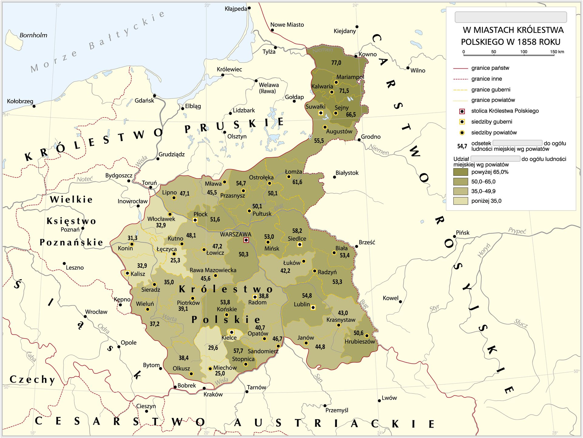 Grafika mapy przedstawiająca Królestwo Polskie z 1858 r