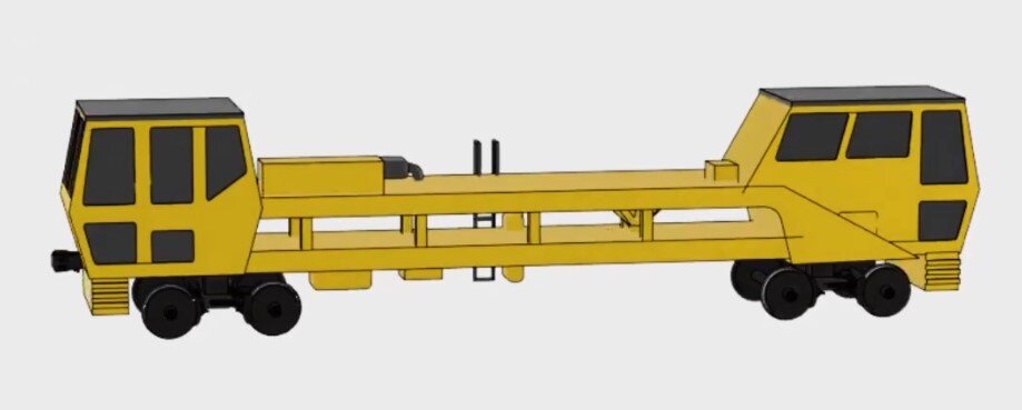 Ilustracja przedstawia podbijarkę automatyczną. Wyposażona jest w dwa wózki jezdne, po dwie osie na wózek, oraz dwie kabiny na obu jej końcach.