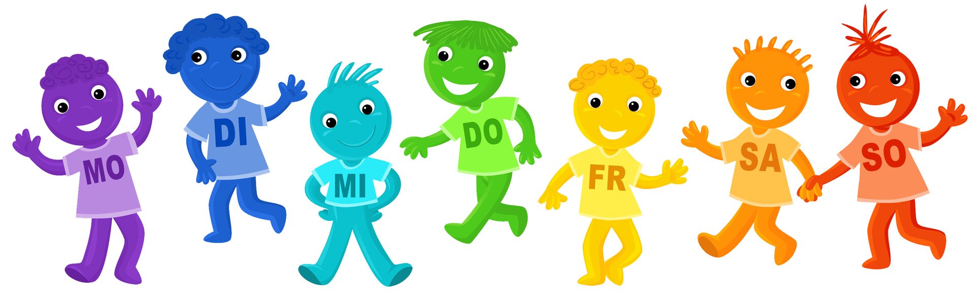 Ilustracja przedstawia ludziki w różnych kolorach. Mają one na sobie koszulki z napisami: DI, MI, DO, FR, SA, SO. 