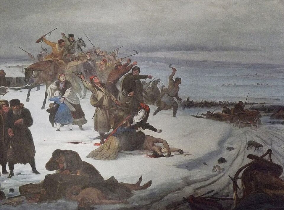 Obraz przedstawia walczących. Widać wśród nich  przerażone kobiety i dzieci, mężczyzn uzbrojonych w strzelby, kosy, siekiery. Niektórzy siedzą na koniach. Na pierwszym planie leży martwy, półnagi mężczyzna, na nim kobieta w długiej sukni w kapeluszu. Wydaje się, że umiera. Podtrzymuje ja inna kobieta w długiej spódnicy. W tle są chłopskie wozy i pola. Krajobraz jest zimowy, leży śnieg.   