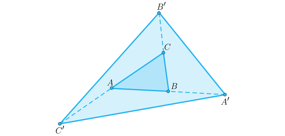 Na ilustracji przedstawiono trójkąt A B C. Na przedłużeniu boku C A znajduje się punkt C prim. Na przedłużeniu boki B C znajduje się punkt B prim. Na przedłużeniu boku A B znajduje się punkt A prim. Punkty A prim, B prim, C prim po połączeniu utworzyły trójkąt.