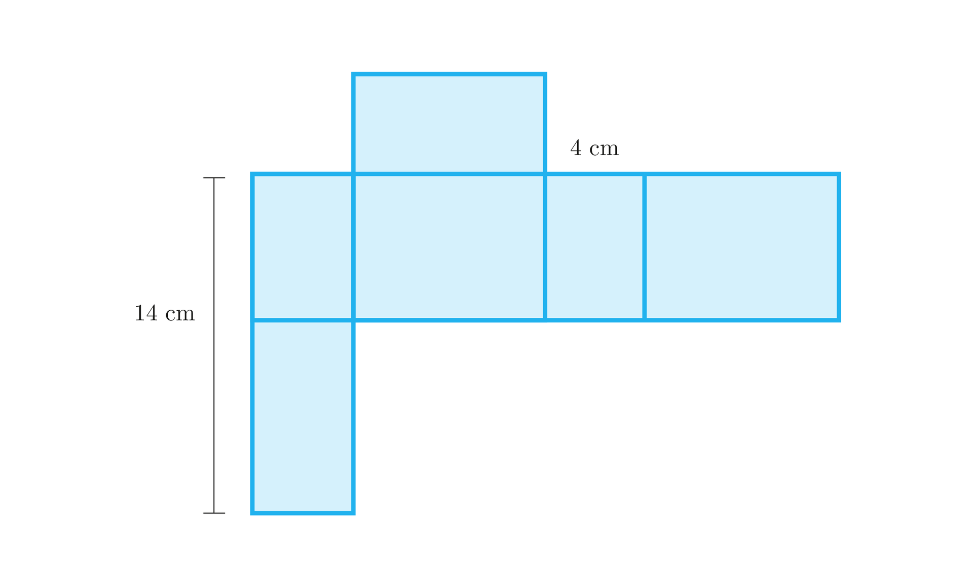 Na ilustracji przedstawiono siatkę prostopadłościanu składającą się z przyległych do siebie prostokątów a, b i c. Kolejno od lewej znajdują się prostokąt a, b, a, oraz b. Do dolnej podstawy pierwszego prostokąta a, przylega prostokąt c, są one styczne do siebie krótszymi bokami. Do górnej podstawy drugiego z kolei prostokąta b, przylega prostokąt c, są styczne od siebie dłuższymi bokami. Suma dłuższego boku prostokąta a, oraz dłuższego boku prostokąta c wynosi 14 centymetrów. Krótszy bok prostokąta a, jest równy 4 centymetry.