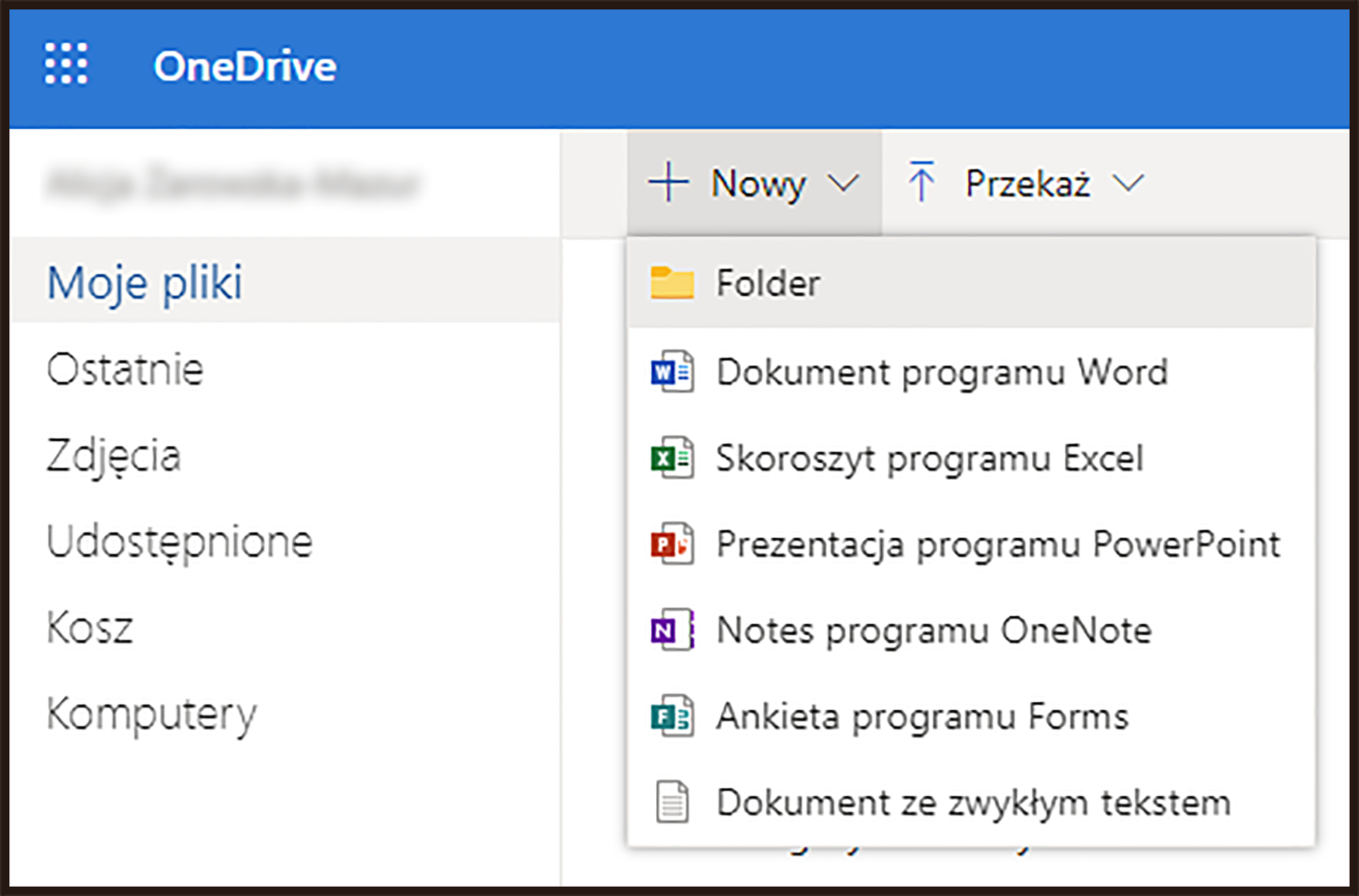 Ilustracja przedstawiająca okno OneDrive. Po lewej kolumna z menu. Pozycje menu to: Moje pliki, Ostatnie, Zdjęcia, Udostępnione, Kosz oraz Komputery. Po prawej na górze znajdują się dwie opcje: Nowy i Przekaż. Wybrano Nowy. Pod opcją Nowy znajduje się lista z rodzajami plików do utworzenia. Wybrano pierwszą opcję, czyli Folder. 