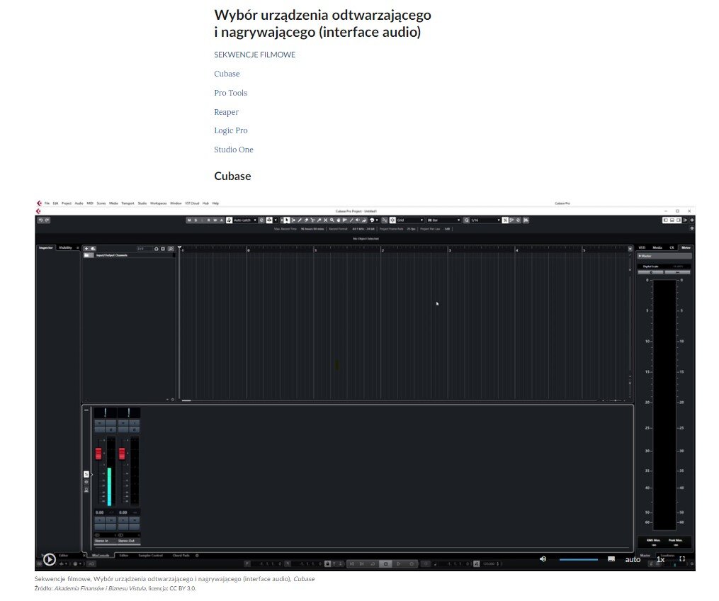 Zdjęcie przedstawia widok ujęcia początkowego sekwencji filmowej, na którym widać jeden z paneli programu Cubase. Na zdjęciu również widać pasek sterowania filmem, który zawiera przycisk startu film, suwak głośności filmu, przycisk włączenia napisów, przycisk wyboru jakości odtwarzanego filmu, przycisk wyboru prędkości odtwarzania filmu oraz przycisk włączenia pełnego ekranu.