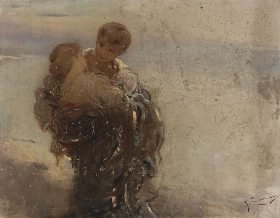 Obraz przedstawia parę młodych ludzi: kobietę i mężczyznę. Pozostają oni w uścisku. Kobieta przechyla swoją głowę na prawe ramię mężczyzny, on patrzy jej w oczy. Tło obrazu jest rozmyte.