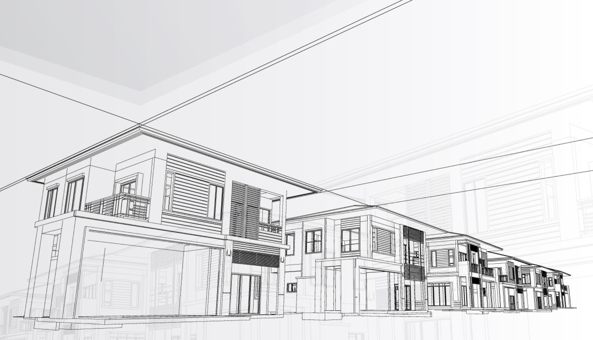 Ilustracja przedstawia projekt architektoniczny osiedla domów jednorodzinnych. Widoczny jest rząd piętrowych budynków o bryle sześcianu. Na dole każdego budynku widoczne są drzwi garażowe oraz drzwi wejściowe. Na górze widoczne są okna oraz tarasy.