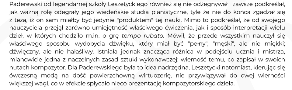 Fragment artykułu o "O sztuce gry Paderewskiego i nauczycielu Teodorze Leszetyckim" - tekst dostępny na stronie internetowej podanej w źródle.