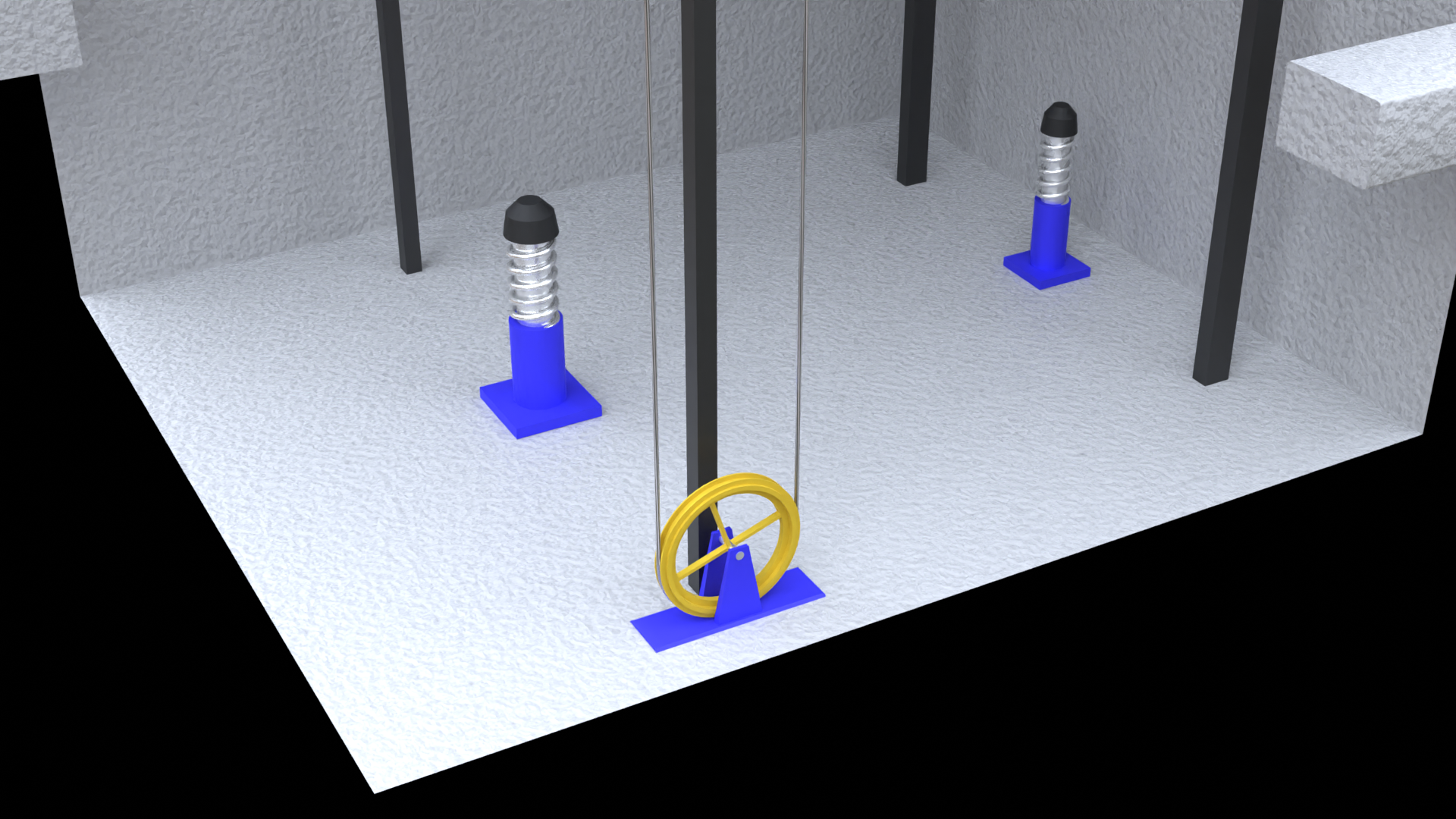Na grafice ukazano koło. Grzbiet koła posiada rowek, na który nałożona jest linka. Koło posiada mechanizm umożliwiający jego obracanie. Linka sunie po kole. Urządzenie to znajduje się w podszybiu. Widoczne są również dwa wystające z podszybia pionowe amortyzatory zawierające sprężyny.