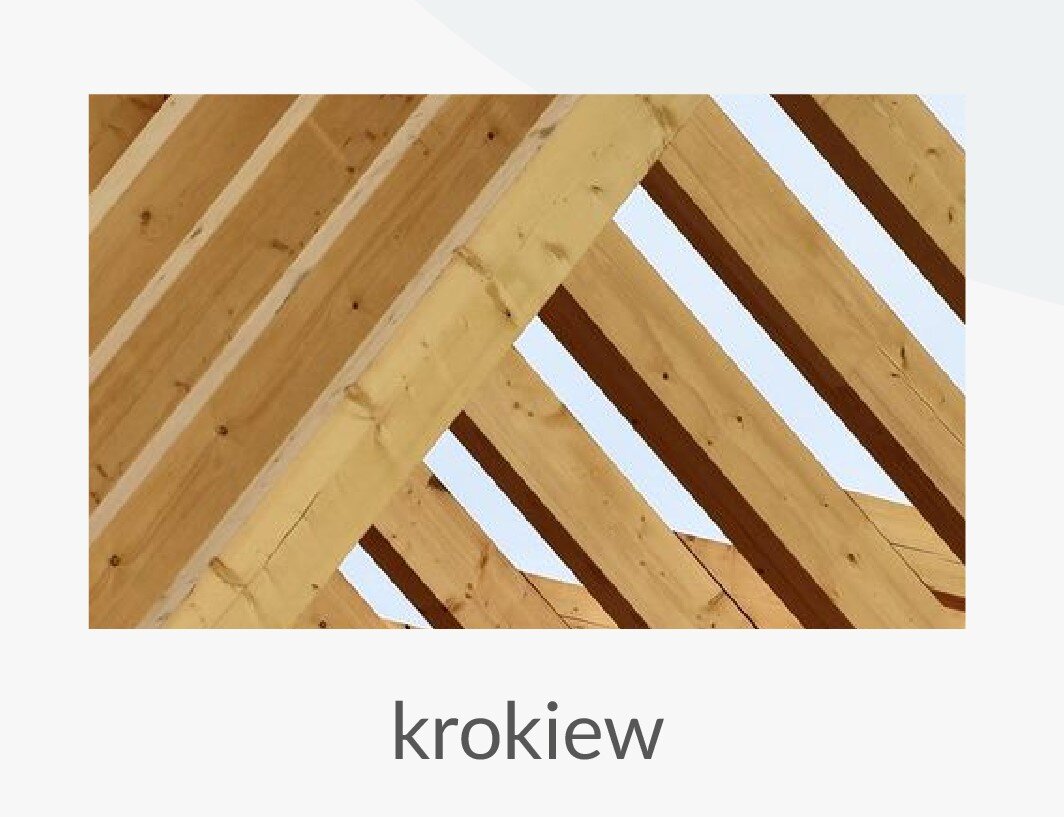 Zdjęcie przedstawia krokiew. Widoczne są drewniane, równolegle umieszczone belki – krokwie, w dwóch rzędach. Tworzą one tworzą odwróconą literę V i są podtrzymaniem konstrukcji dachu.

Opisy obiektów prezentowanych na grafikach są załączone w treści słownika.