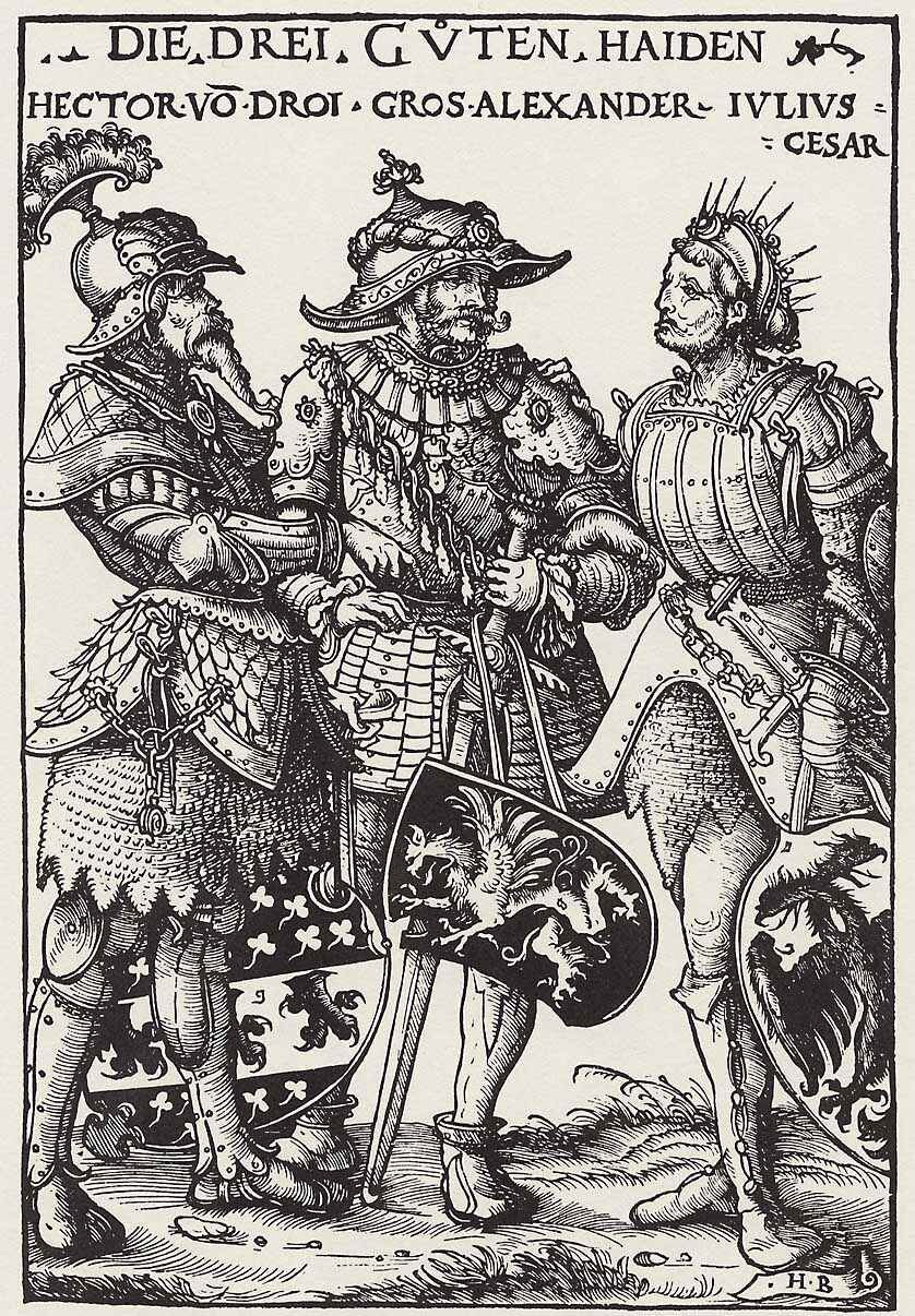 Rysunek przedstawia trzech rycerzy w metalowych zdobionych zbrojach. Rycerze trzymają w dłoniach miecze, na których przewieszone są tarcze ozdobione rysunkami herbów. Na górze rysunku widoczny jest napis w języku łacińskim.