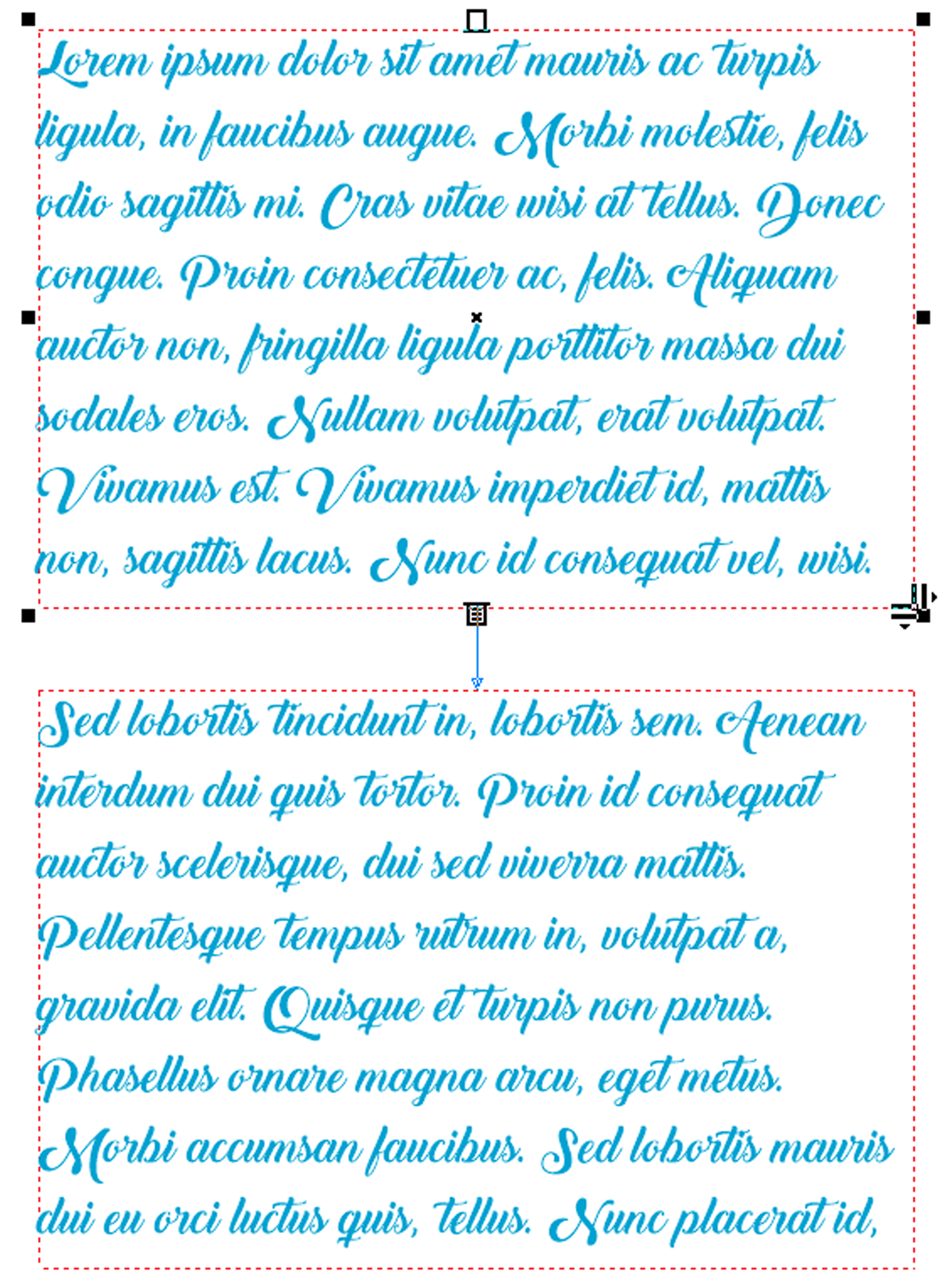 Zrzut ekranu przedstawia dwie ramki tekstowe.  Pierwsza ramka wypełniona jest przykładowym tekstem i na dolnej krawędzi posiada ikonę kartki.  Druga wypełniona jest przykładowym tekstem,  gdzie do górnej krawędzi przeciągnięta jest niebieska strzałka od ramki pierwszej.