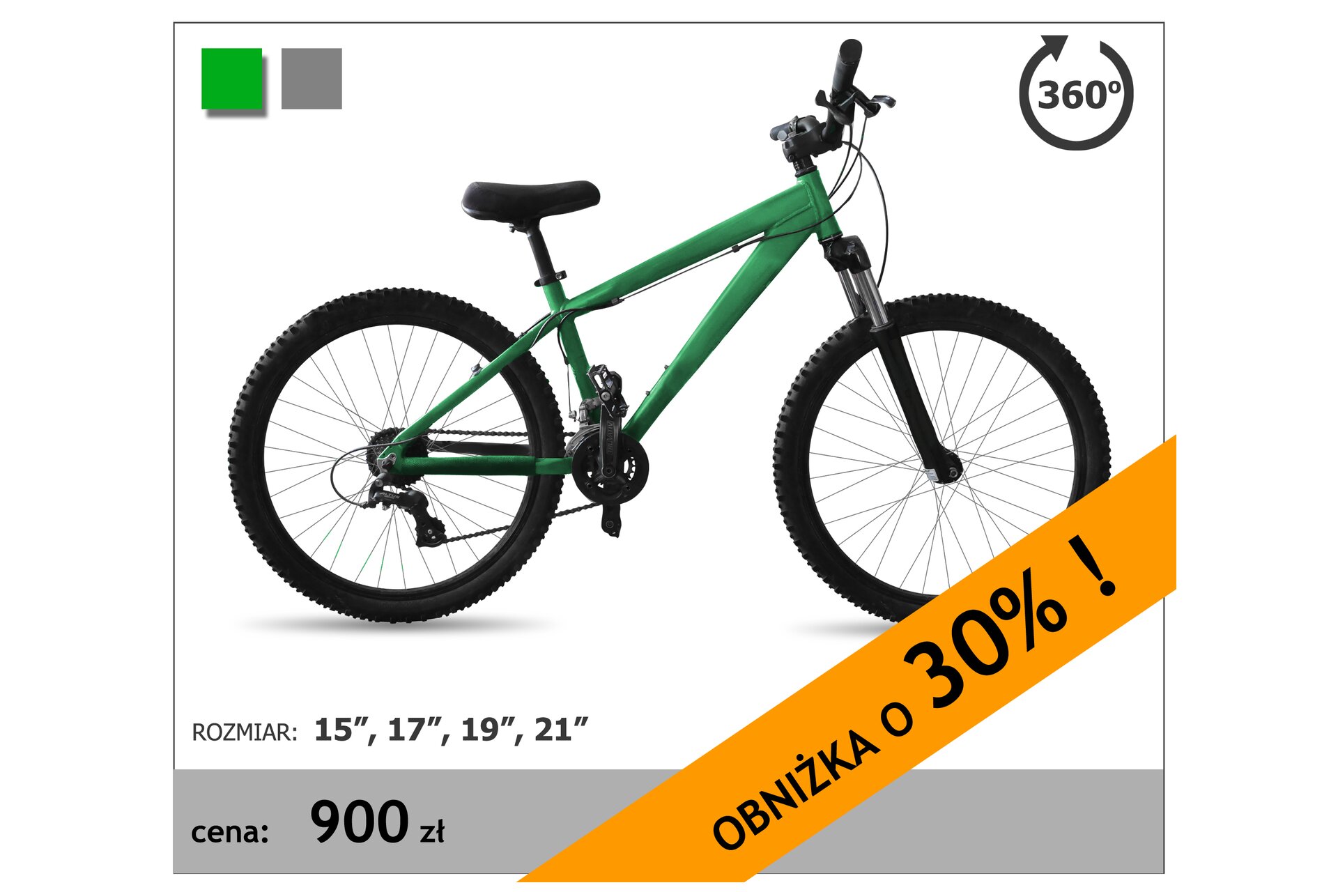 Rysunek roweru w cenie 900 zł, informacja o obniżce o 30%.