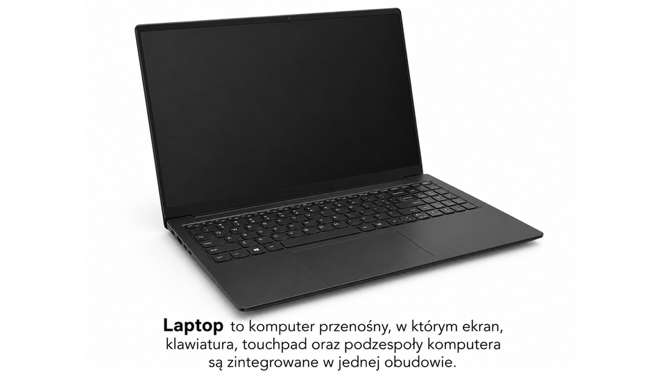 Fotografia przedstawiająca laptop, czyli komputer przenośny łączący wszystkie elementy zestawu komputerowego w jednej obudowie. Ekran znajduje się na składanej pionowej części, klawiatura leży poziomo zaraz pod ekranem, pod klawiaturą znajduje się panel dotykowy tzn. "touchpad". Pod fotografią laptopa znajduje się tekst "Laptop to komputer przenośny, w którym ekran, klawiatura, touchpad oraz podzespoły komputera są zintegrowane w jednej obudowie.".