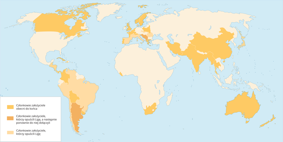 Ilustracja przedstawia mapę świata. Kolorem pomarańczowym zaznaczono członków założycieli Ligi Narodów obecnych do końca, są to następujące kraje: Australia, Belgia, Boliwia, Chiny, Grecja, Holandia, Indie Brytyjskie, Iran, Kanada, Kolumbia, Kuba, Liberia, Norwegia, Nowa Zelandia, Panama, Polska, Portugalia, Szwajcaria, Szwecja, Syjam, Urugwaj, Wielka Brytania, Związek Południowej Afryki. Kolorem ciemnopomarańczowym zaznaczono członków założycieli, którzy opuścili Ligę, a następnie ponownie do niej dołączyli, są to następujące kraje: Królestwo Serbów, Chorwatów i Słoweńców, Argentyna. Kolorem jasnopomarańczowym zaznaczono członków założycieli, którzy opuścili Ligę, są to następujące kraje: Brazylia, Chile, Czechosłowacja, Dania, Francja, Gwatemala, Haiti, Hiszpania, Honduras, Japonia, Nikaragua, Paragwaj, Peru, Rumunia, Salwador, Wenezuela, Włochy.