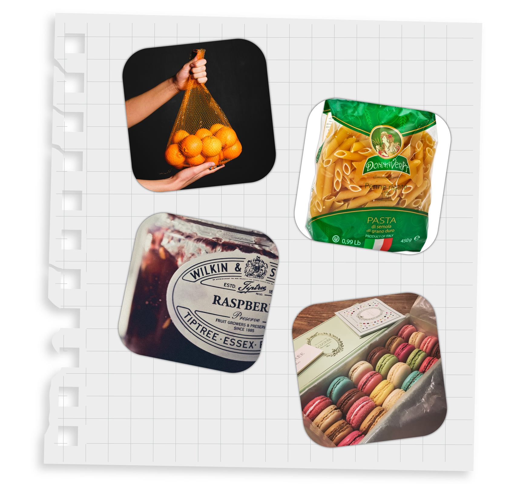 Ilustracja przedstawia kolaż czterech zdjęć. Na jednym zdjęciu widoczna jest siatka pomarańczy. Na kolejnym paczka makaronu. Na następnym słoik dżemu. Ostatnie przedstawia pudełko z ciasteczkami.