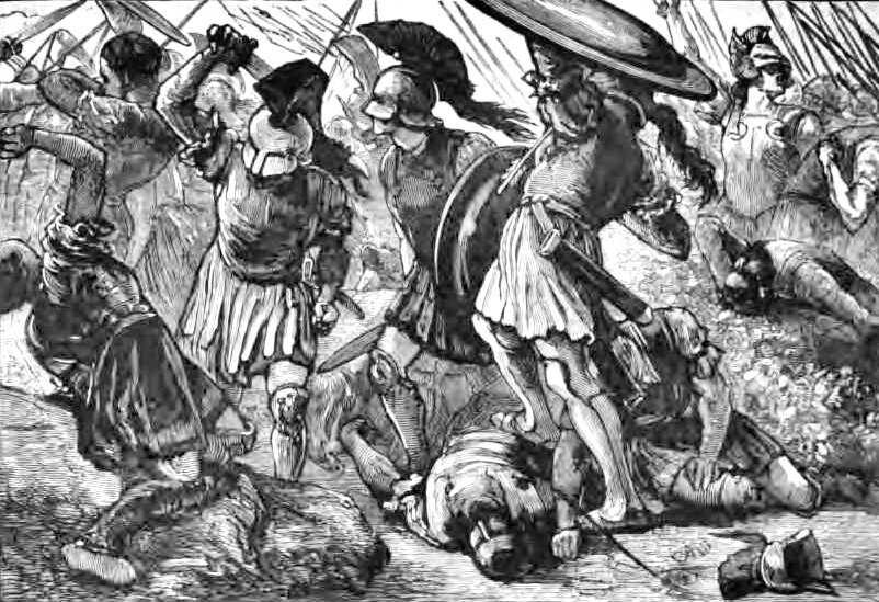 Obraz przedstawia starożytnych wojowników w trakcie walki. Wojownicy mają tarcze, miecze oraz hełmy z pióropuszem. Na ziemi leżą ciała. 