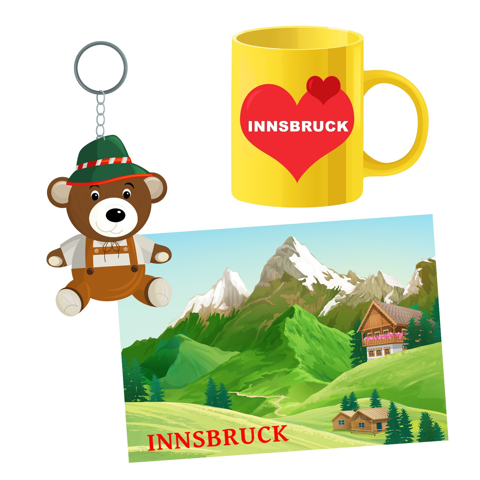 Ilustracja przedstawia brelok misia ubranego w strój ludowy, żółty kubek z dwoma sercami oraz pocztówkę z górami w tle. 