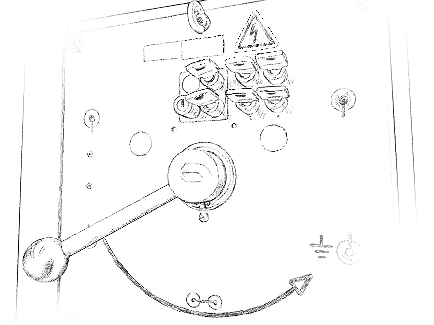 Ilustracja przedstawia dźwignię stycznika uziemiającego. Od dźwigni biegnie łukowata strzałka do symbolu uziemienia.